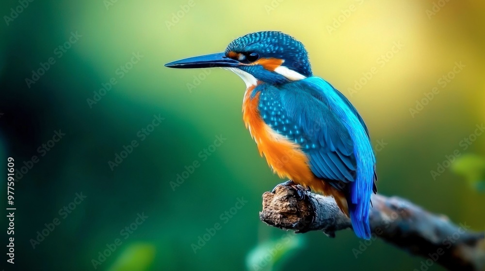 Obraz premium A vibrant kingfisher perched on a branch, showcasing its bright blue and orange feathers against a blurred green background.