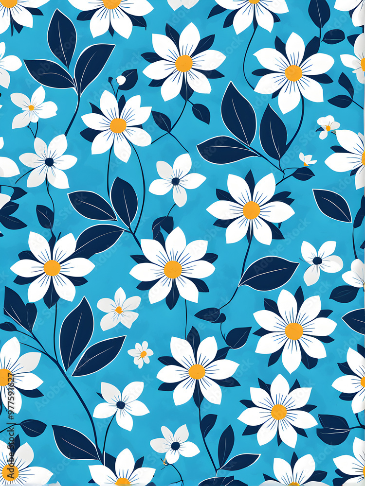 Cheerful Seamless Floral Pattern with White Flowers and Polka Dots on Sky Blue Background
Cheerful Seamless Floral Pattern with White Flowers and Polka Dots on Sky Blue Background