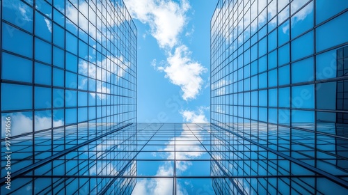 Modern Skyscraper Reflecting Sky and Clouds.
