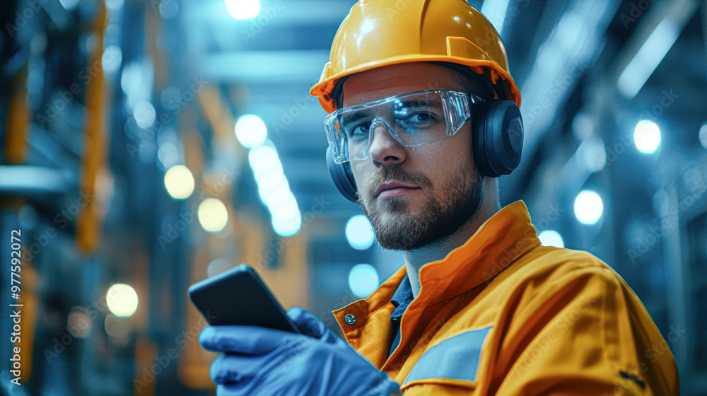 Focused Male Technician in Safety Gear Using Mobile Phone at Production Facility Focused Male Technician in Safety Gear Using Mobile Phone at Production Facility