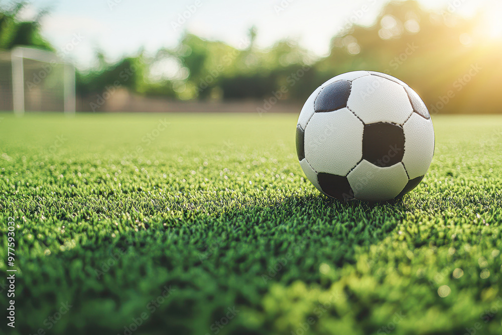 A soccer ball is sitting on a green field A soccer ball is sitting on a green field