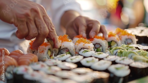 Close-up shot of hands making sushi at an outdoor street food market with various rolls and sashimi displayed, capturing details like rice grains and colorful caviar