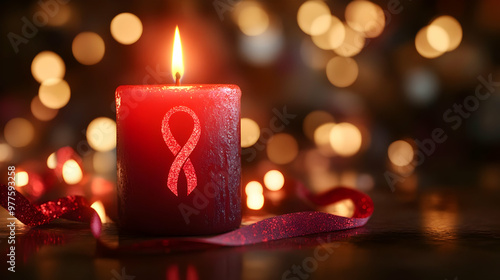 3D Glowing Red Candle Concept with Soft Flame and Bokeh AIDS Ribbon Lights - Close Up Icon on White Background