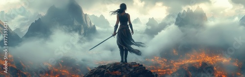 Female Warrior Standing on Cliff with Sword photo