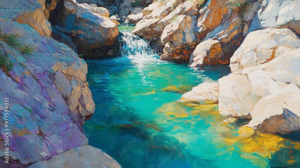 A vibrant painting of a stream flowing through a rocky terrain, with bright turquoise water and dramatic shadows. A vibrant painting of a stream flowing through a rocky terrain, with bright turquoise water and dramatic shadows.