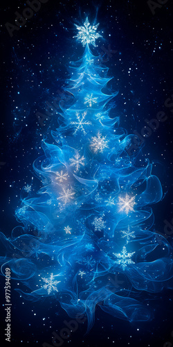 Magical Christmas tree illuminated with glowing blue lights amid falling snowflakes, perfect for holiday and festive themes