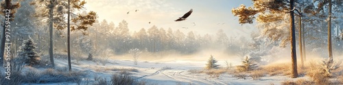 Majestic Eagle Soaring through Abstract Snowy Realm: Dynamic Anime-Style Illustration for Marketing Campaigns. Vibrant Cultural Promotion Artwork with Bestseller Appeal. Ideal 4K Wallpaper for Season-