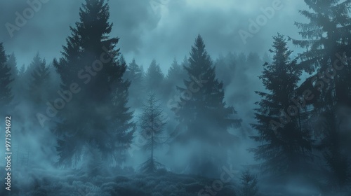 Foggy forest with towering pine trees and a mysterious atmosphere