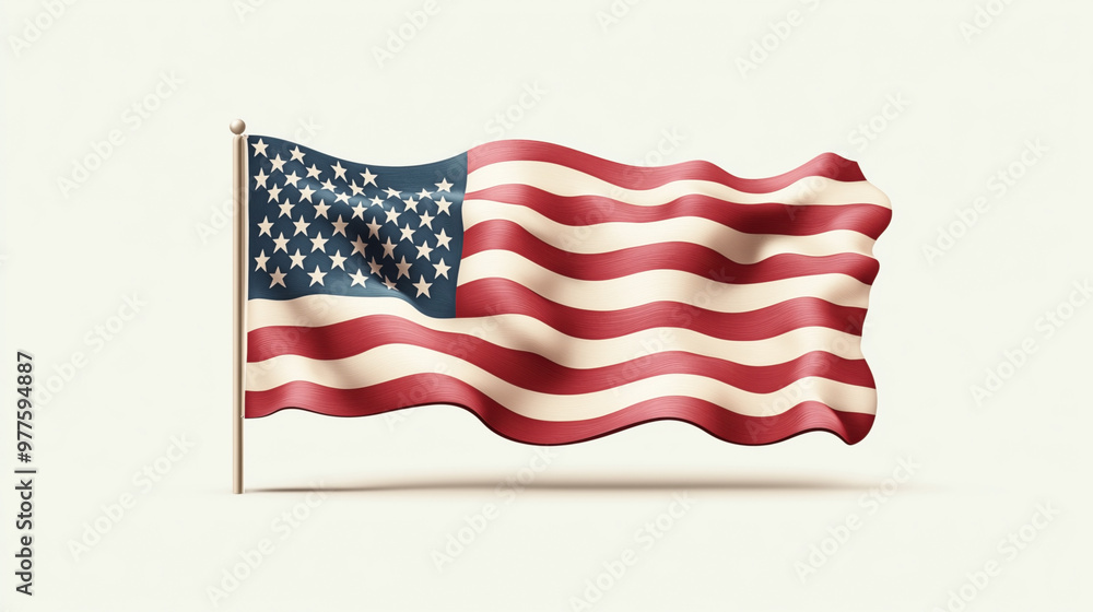 Waving American flag on a pole with red and white stripes, and white ...