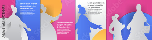 Silhouette figures colorful background paper cut style. Various human silhouettes in different poses against vibrant backgrounds with circular elements