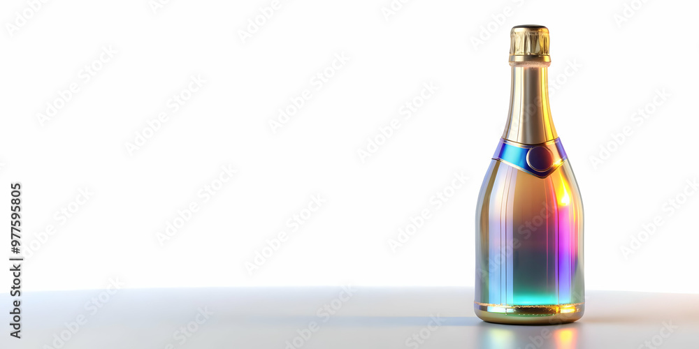 Fototapeta premium 3D Holographic Champagne Bottle Concept: Close-Up of a Sleek Futuristic Design with Glowing Label on White Background - Stunning Holographic Details for Premium Stock Image
