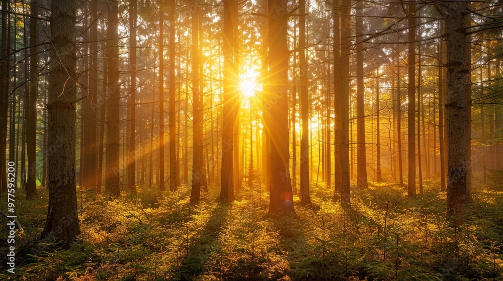 Fototapeta premium Forest at sunset with golden light illuminating the trees