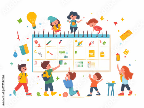 Creative Kids Planning Exciting Activities for 2025: Flat Vector Illustration of Enthusiastic Children with Colorful Calendar