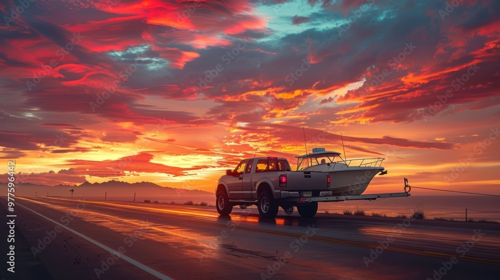Fototapeta premium Pickup Truck Towing a Boat at Sunset
