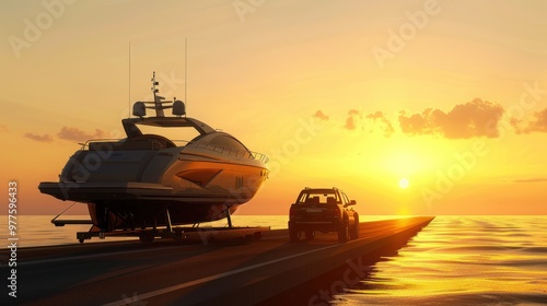 Luxury Yacht being towed by a truck at Sunset