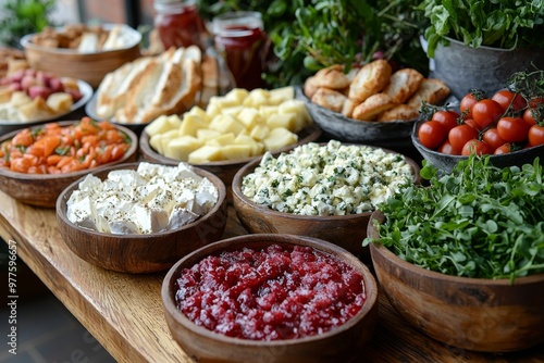 Brunch spread with a variet of dishes pastries. Village Breakfast with pastries, vegetables, greens, spreads, cheeses, fried eggs, jams.  photo