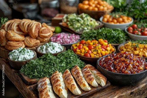 Brunch spread with a variet of dishes pastries. Village Breakfast with pastries, vegetables, greens, spreads, cheeses, fried eggs, jams.  photo