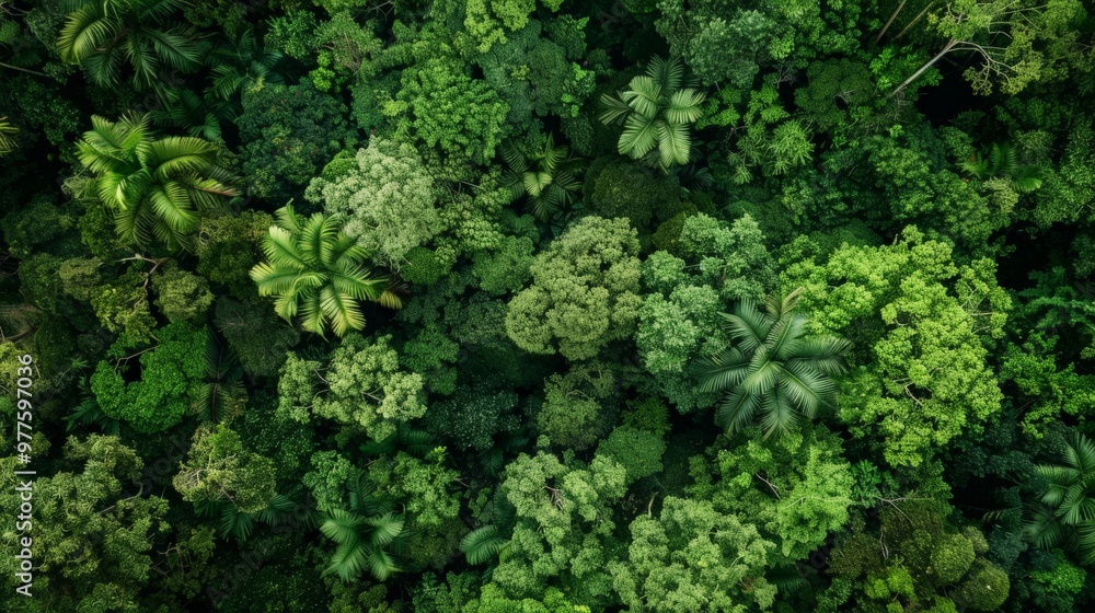 Forest canopy from above, showing dense green foliage Forest canopy from above, showing dense green foliage
