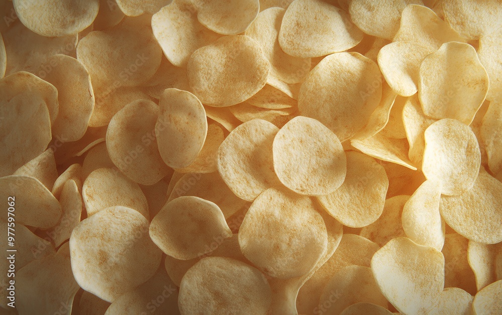 A close-up of a pile of crispy potato chips, ready for snacking. A close-up of a pile of crispy potato chips, ready for snacking.