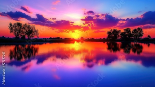 A vibrant sunset over a calm lake, with colorful reflections of the sky on the water and silhouettes of trees.