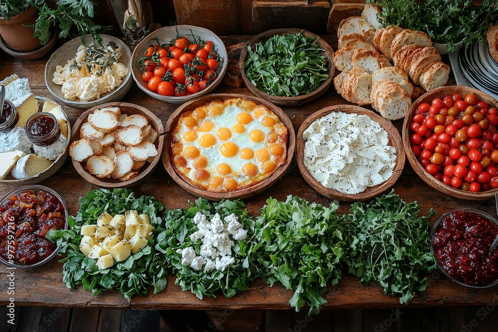 Fototapeta premium Brunch spread with a variet of dishes pastries. Village Breakfast with pastries, vegetables, greens, spreads, cheeses, fried eggs, jams.