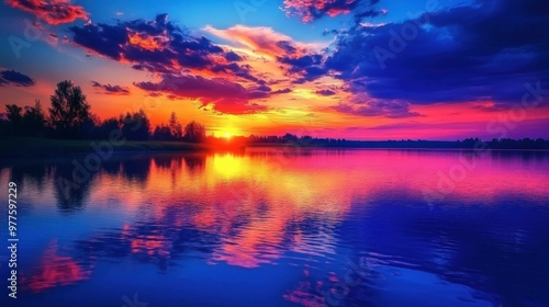 A vibrant sunset over a calm lake, with colorful reflections of the sky on the water and silhouettes of trees.