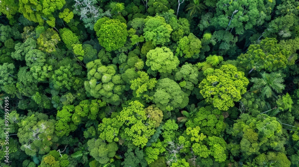 Forest canopy from above, showing dense green foliage Forest canopy from above, showing dense green foliage