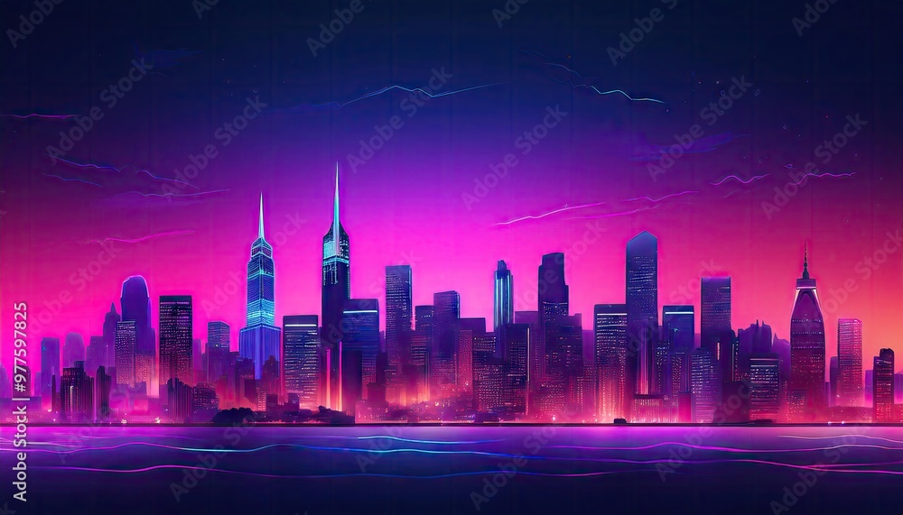 Neon city skyline at dusk