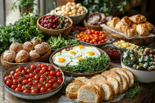 Brunch spread with a variet of dishes pastries. Village Breakfast with pastries, vegetables, greens, spreads, cheeses, fried eggs, jams.  photo