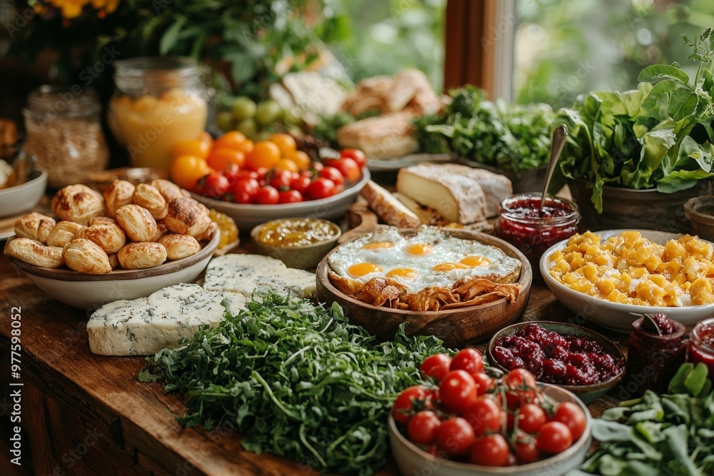 Brunch spread with a variet of dishes pastries. Village Breakfast with pastries, vegetables, greens, spreads, cheeses, fried eggs, jams. Brunch spread with a variet of dishes pastries. Village Breakfast with pastries, vegetables, greens, spreads, cheeses, fried eggs, jams.