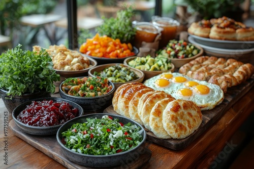 Brunch spread with a variet of dishes pastries. Village Breakfast with pastries, vegetables, greens, spreads, cheeses, fried eggs, jams.  photo