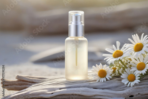 Mock up serum essence or any beauty product from natural ingredients standing on driftwood surrounded flowers medicinal chamomile.