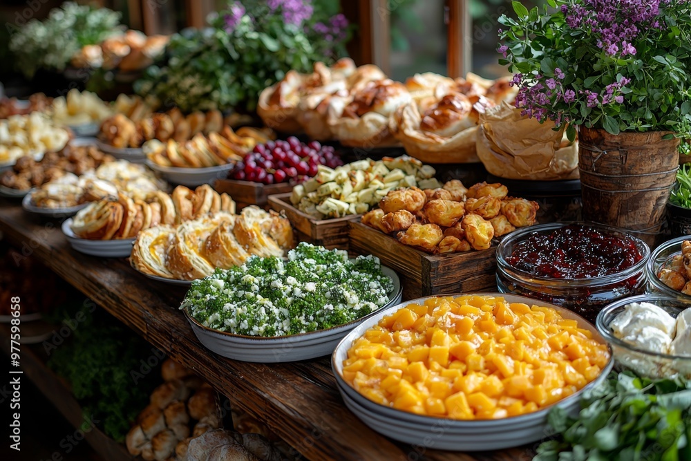 Brunch spread with a variet of dishes pastries. Village Breakfast with pastries, vegetables, greens, spreads, cheeses, fried eggs, jams. Brunch spread with a variet of dishes pastries. Village Breakfast with pastries, vegetables, greens, spreads, cheeses, fried eggs, jams.