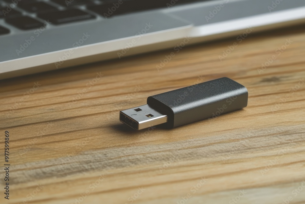 Flash Drive. Close-up of Metal USB Drive Connected to Laptop on Wood Desk Flash Drive. Close-up of Metal USB Drive Connected to Laptop on Wood Desk