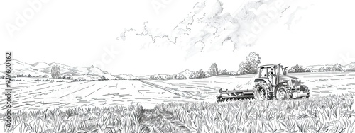 A rural landscape with agricultural machinery is harvesting crops with a plow. Sketch illustration.