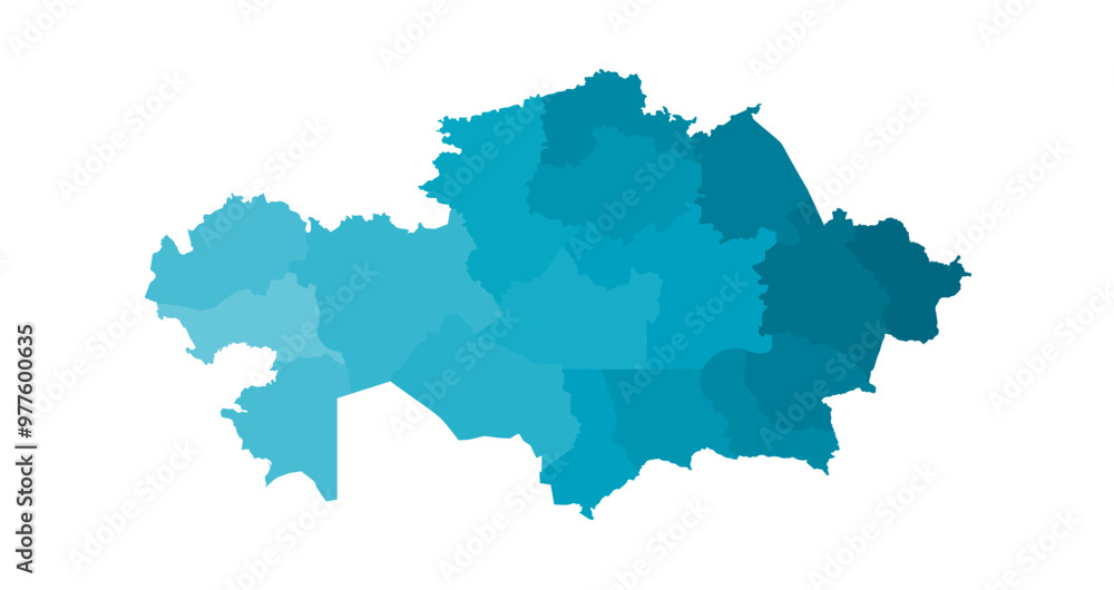 Map of Kazakhstan. 17 administrative regions in different shades of blue. Simplified vector illustration of the political map of the Republic of Kazakhstan Map of Kazakhstan. 17 administrative regions in different shades of blue. Simplified vector illustration of the political map of the Republic of Kazakhstan
