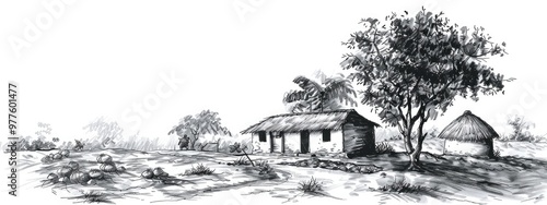 Traditional Indian village where farmers live. Sketch illustration.