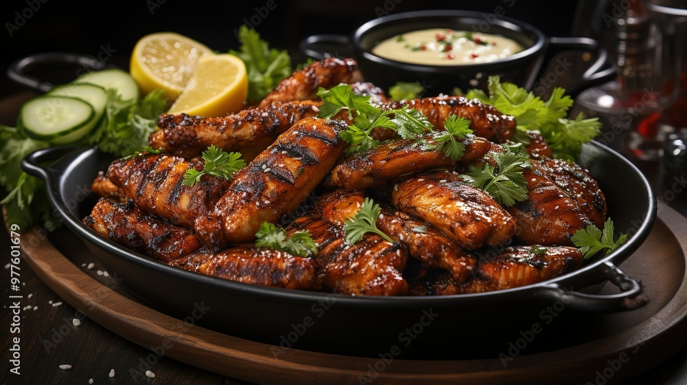 Grilled Chicken Wings with Char Marks, Garnished with Fresh Herbs and Served with Lemon Grilled Chicken Wings with Char Marks, Garnished with Fresh Herbs and Served with Lemon