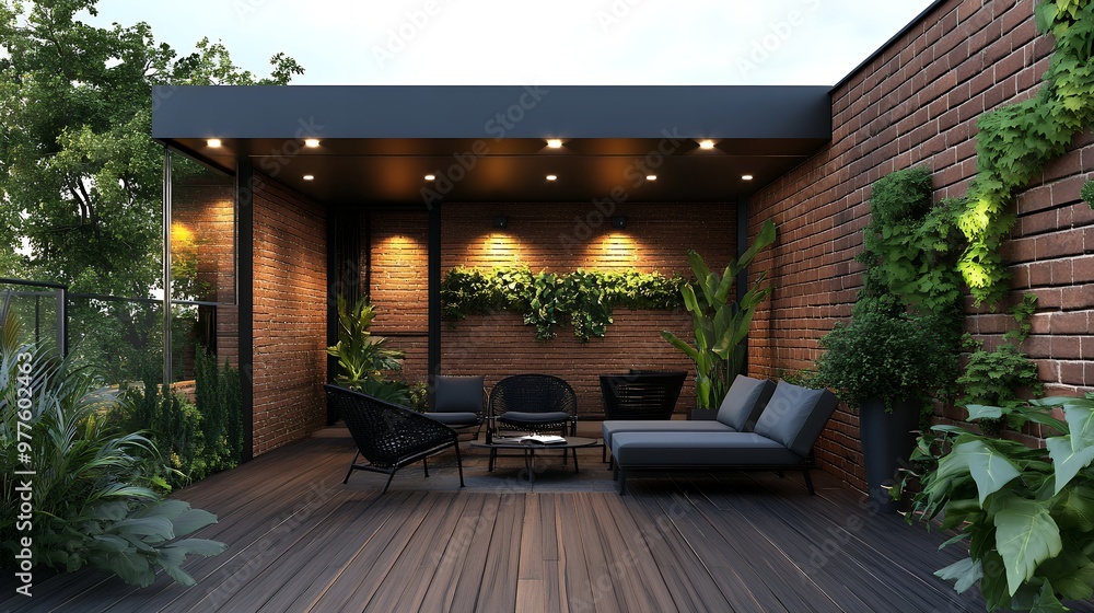 Modern outdoor patio with brick wall, green plants, and comfortable seating. Modern outdoor patio with brick wall, green plants, and comfortable seating.