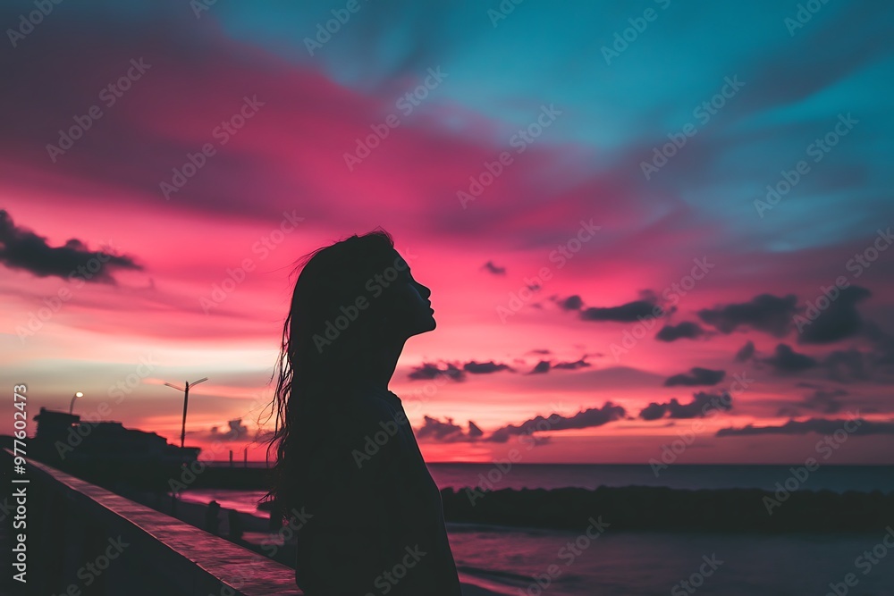 Silhouette of woman looking up at colorful sunset sky. Dreamy, peaceful, and introspective mood. Silhouette of woman looking up at colorful sunset sky. Dreamy, peaceful, and introspective mood.