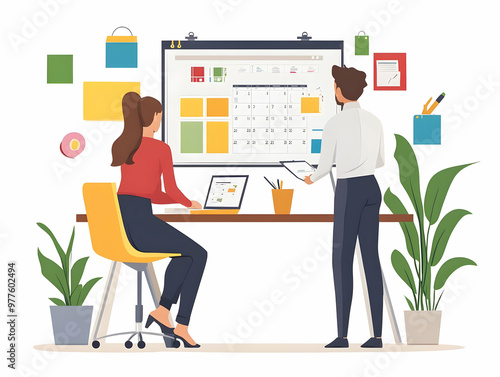 Flat Workplace Calendar Planning: Engage with 2025 Strategies in a Modern Office - Candid Vector Scene of Collaboration and Productivity