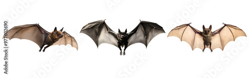 Collection set of flying bats with open wings, perfect for a spooky Halloween night, front and side views, Isolated on Transparent Background, PNG