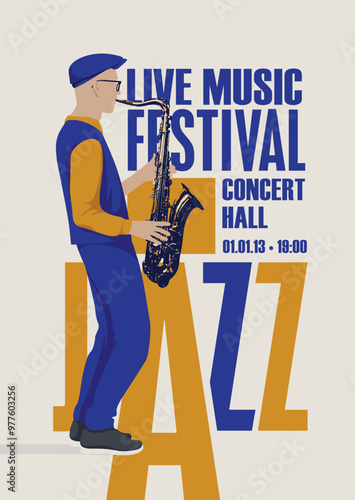 Canvas Print vector poster for jazz live music festival with drawing of saxophonist with saxophone in retro style