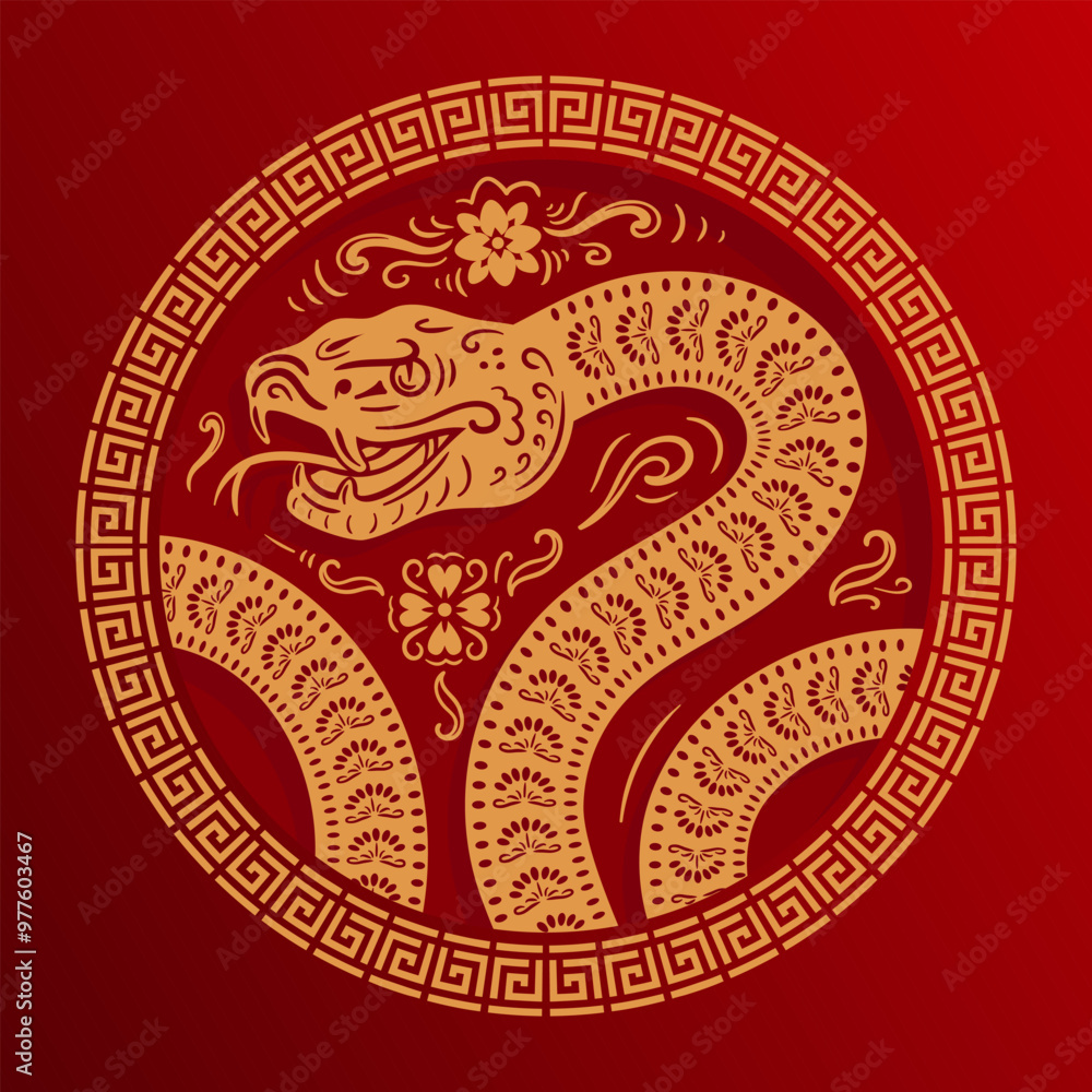 Chinese New Year of the Year of the Green Wood Snake. banner with gold Antique pattern, Asian style. A representation of the Zodiac Emblem for poster, flyer, advertising. Chinese New Year of the Year of the Green Wood Snake. banner with gold Antique pattern, Asian style. A representation of the Zodiac Emblem for poster, flyer, advertising.