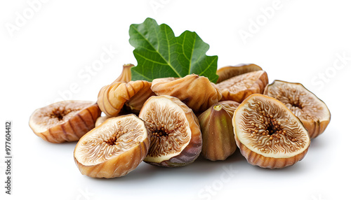 Tasty dried figs and green leaf isolated on white