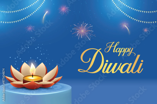 Happy Diwali With Flower Shaped Diya, Fireworks And Hanging Lights On Blue Background. Festival of Lights Concept.