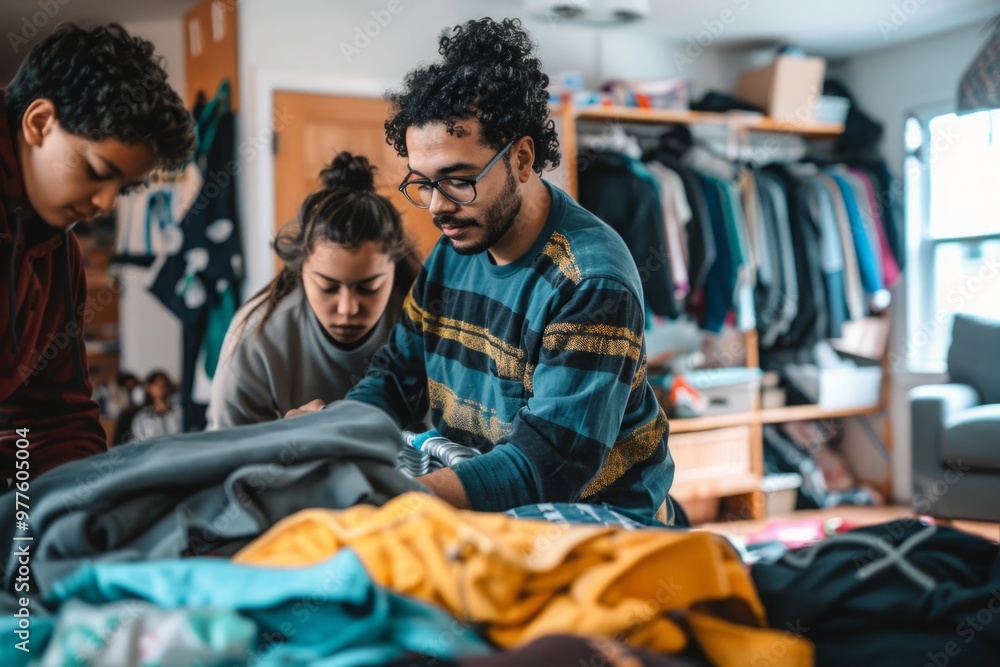 A photo of a person getting help from their family or roommates to clean their home A photo of a person getting help from their family or roommates to clean their home