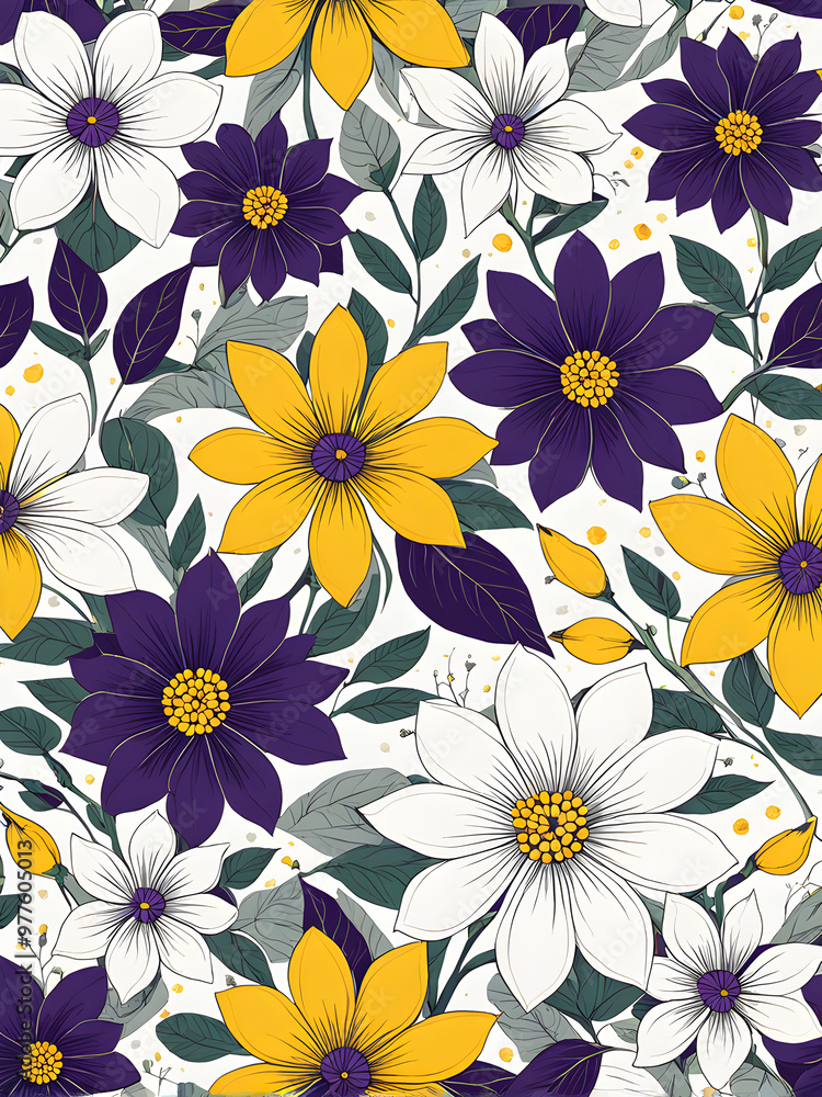 Vibrant Seamless Floral Pattern with Stylized Flowers and Leaves on White Background
Vibrant Seamless Floral Pattern with Stylized Flowers and Leaves on White Background