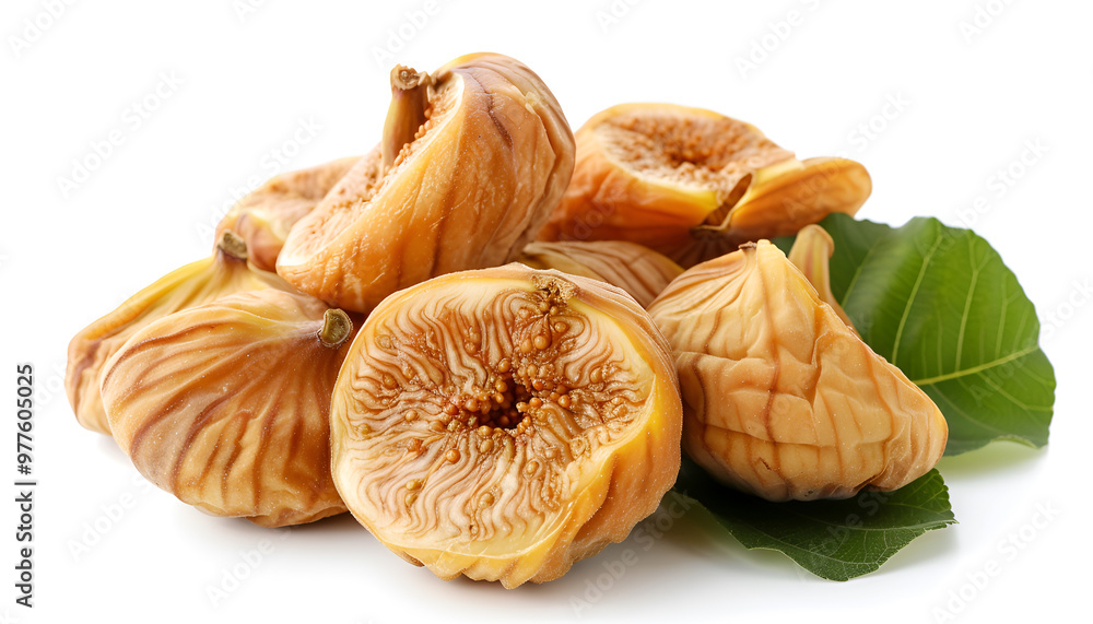 Tasty dried figs and green leaf isolated on white Tasty dried figs and green leaf isolated on white