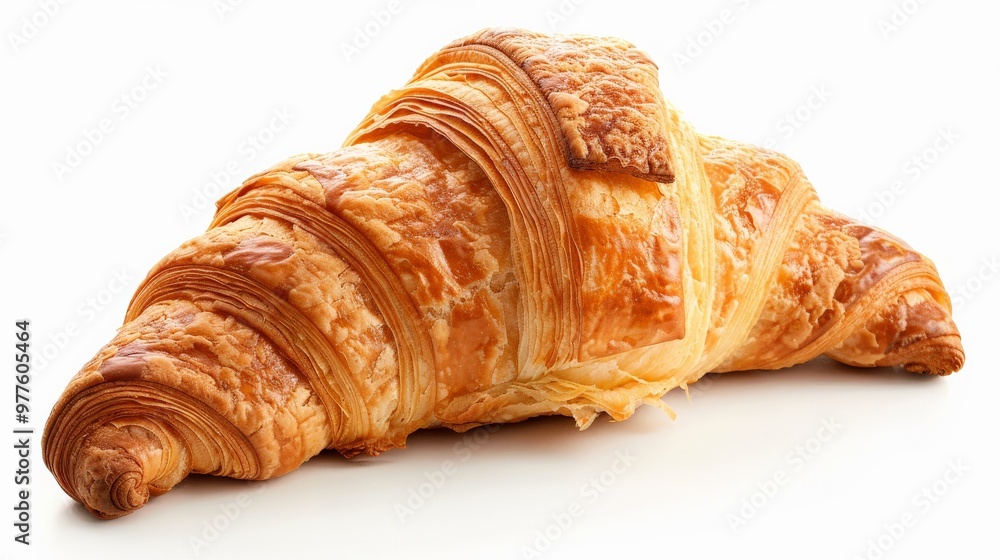 Freshly baked croissant with golden layers on a white background Freshly baked croissant with golden layers on a white background